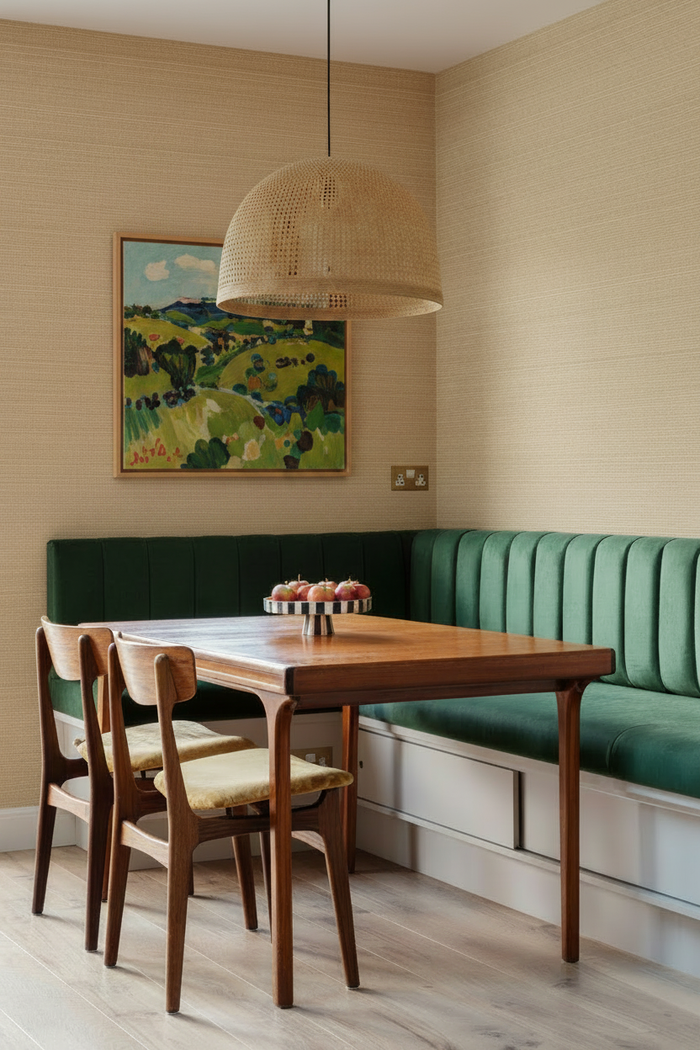 Dining Nook with Woollaston Style Painting and Oyster Mushroom Grasscloth