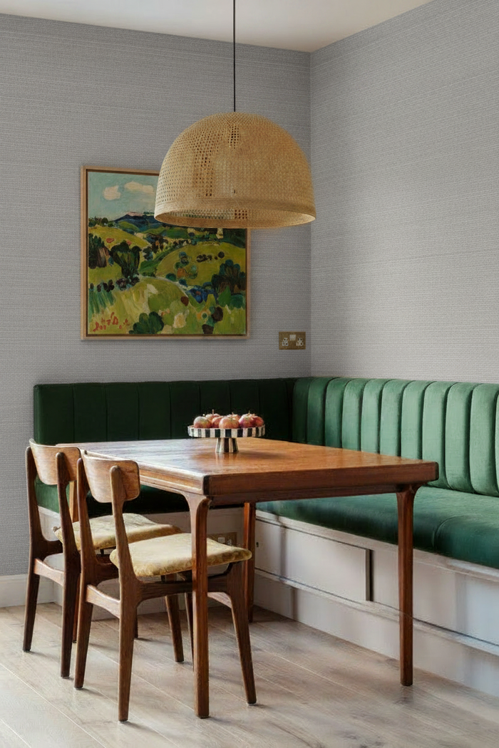 Dining Nook with Shimmery Grasscloth Silver Grey Wallpaper
