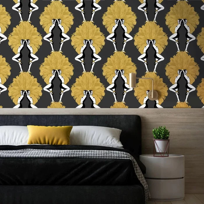 Showgirls Wallpaper - Black/Mustard (Plain Black Background)