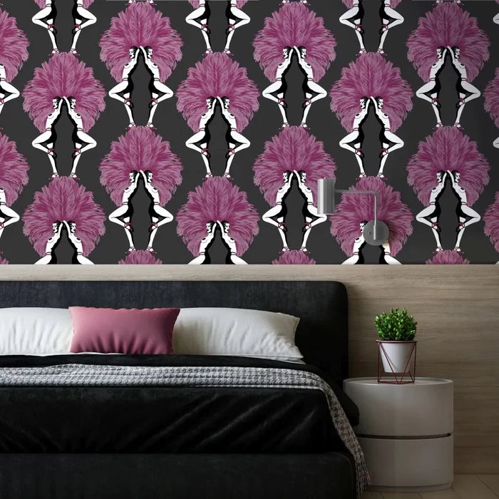 Showgirls Wallpaper - Pink Metallic/Black (Plain Black Background)
