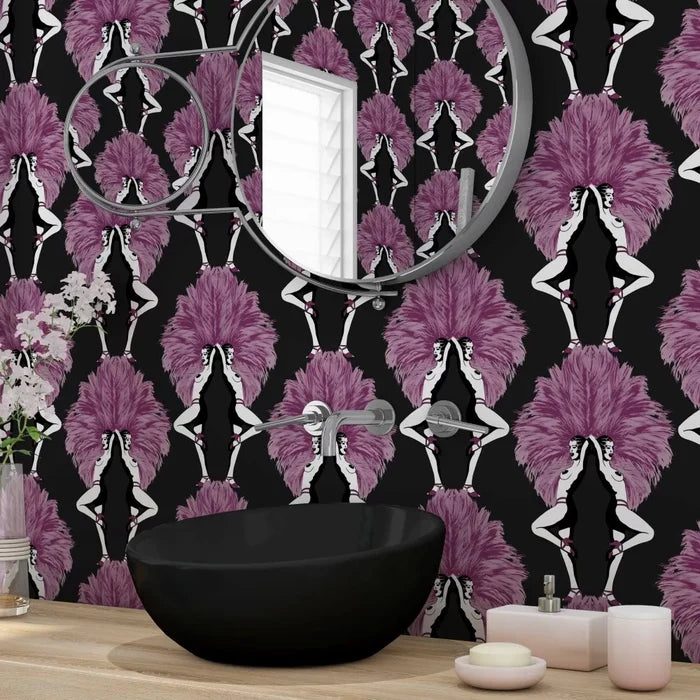 Showgirls Wallpaper - Pink Metallic/Black (Plain Black Background)
