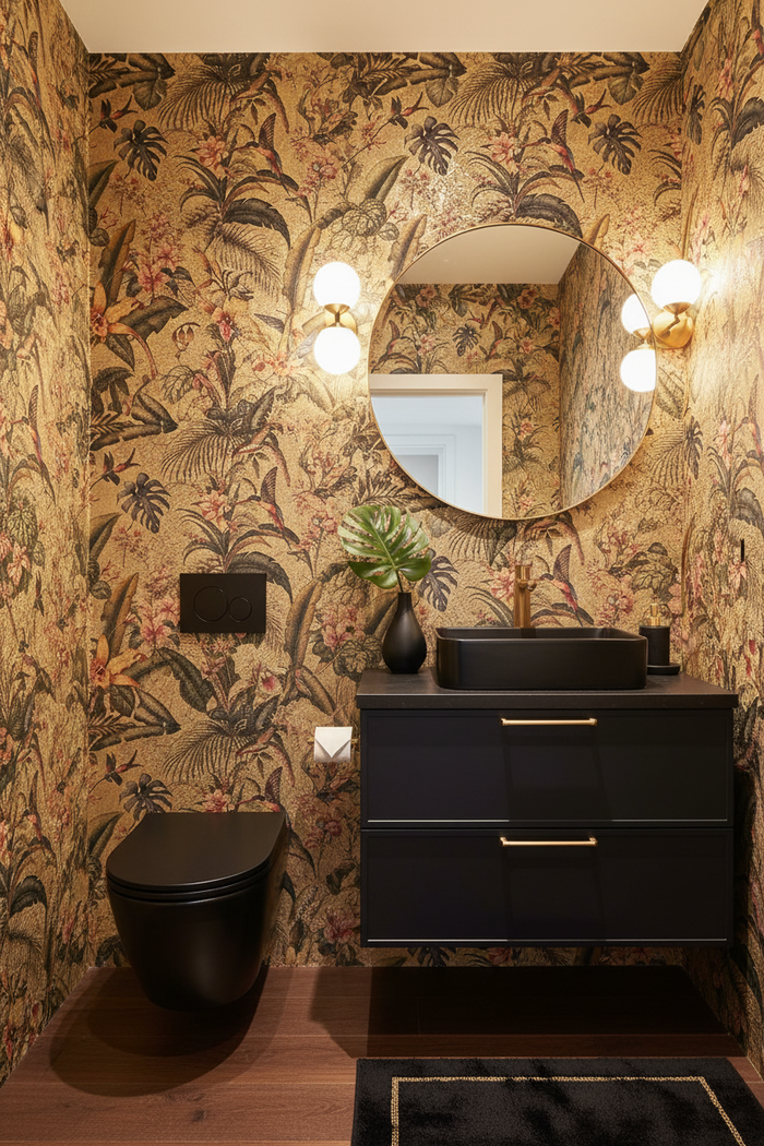 Singapura Gold Wallpaper Toilet Room with Black Fixtures