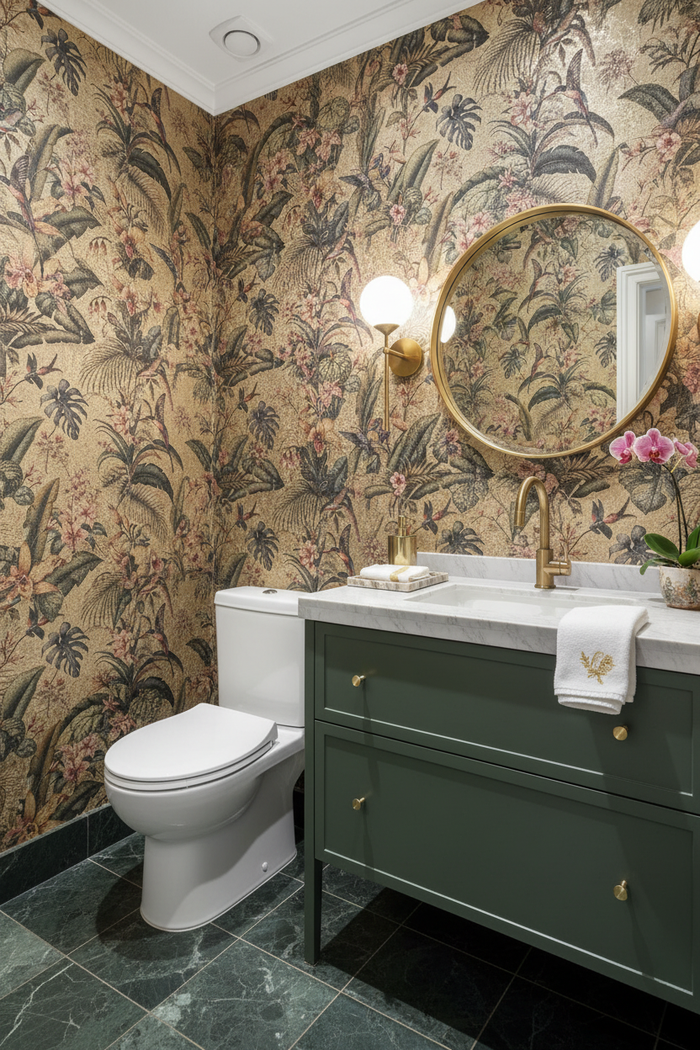Singapura Gold Wallpaper Toilet Room with Dark Green Vanity