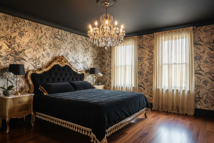 Singapura Gold Wallpaper Bedroom with Chandelier