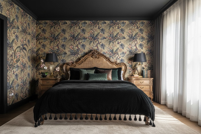Singapura Gold Wallpaper with Black Ceiling and French Provincial Bed