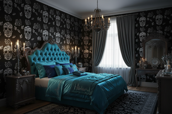 Gothic bedroom with Skulls & Butterflies Wallpaper and turquoise bed