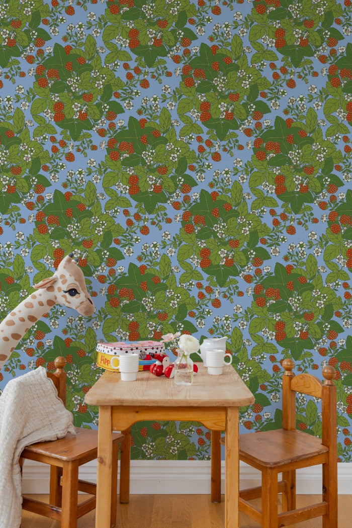Strawberry Fields - Custom Sized Wallpaper Mural (per m2) - Blue Multi