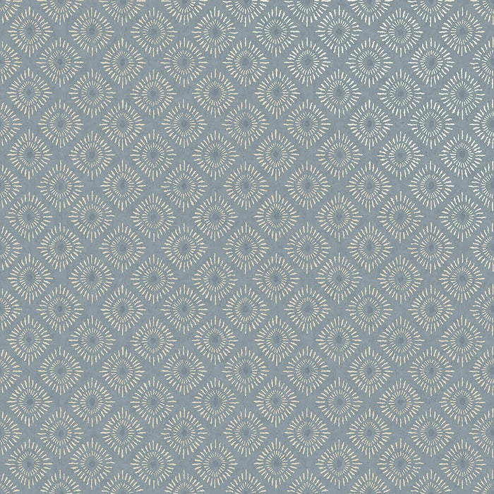 Sunstone wallpaper in Blue, showing a diamond grid of sunburst medallions over a blue background