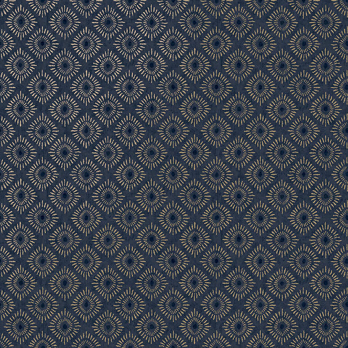 Sunstone wallpaper in Navy, showing a diamond grid of sunburst medallions over a navy background