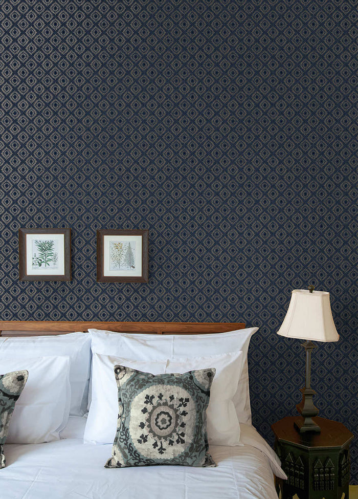Sunstone wallpaper in Navy hung on a feature wall