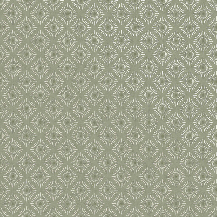 Sunstone wallpaper in Sage, showing a diamond grid of sunburst medallions over a sage green background