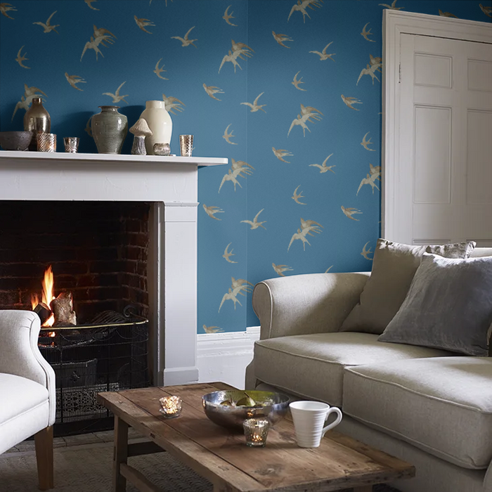 Swallows Wallpaper - French Blue