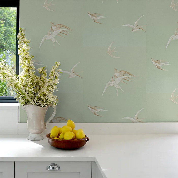 Swallows Wallpaper - Grey Green