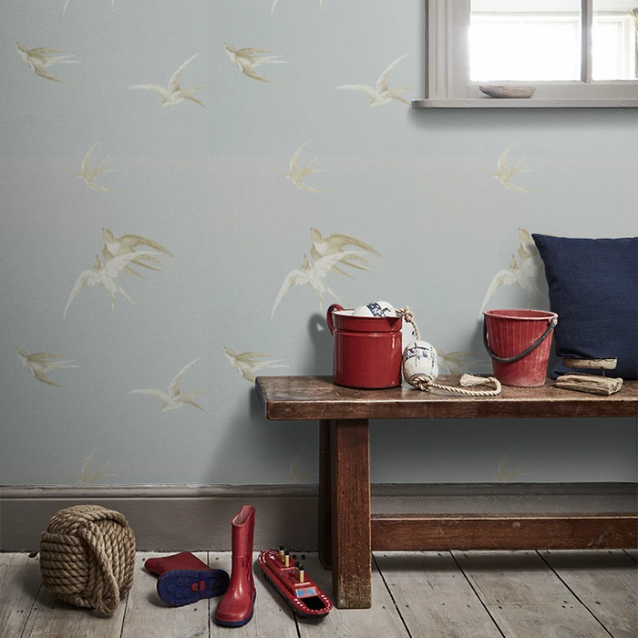 Swallows Wallpaper - Soft Grey