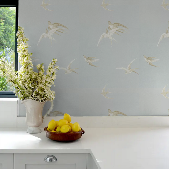 Swallows Wallpaper - Soft Grey