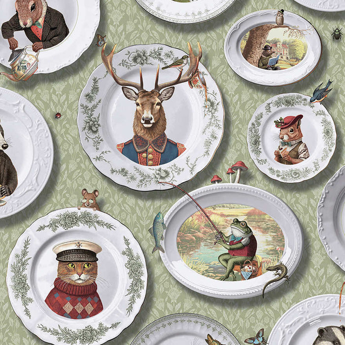 Tales of the Manor sage green wallpaper with china plates holding animal portraits including a stag in uniform and a frog fishing