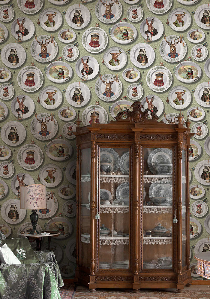 Sage green Tales of the Manor animal plate wallpaper on a hallway wall