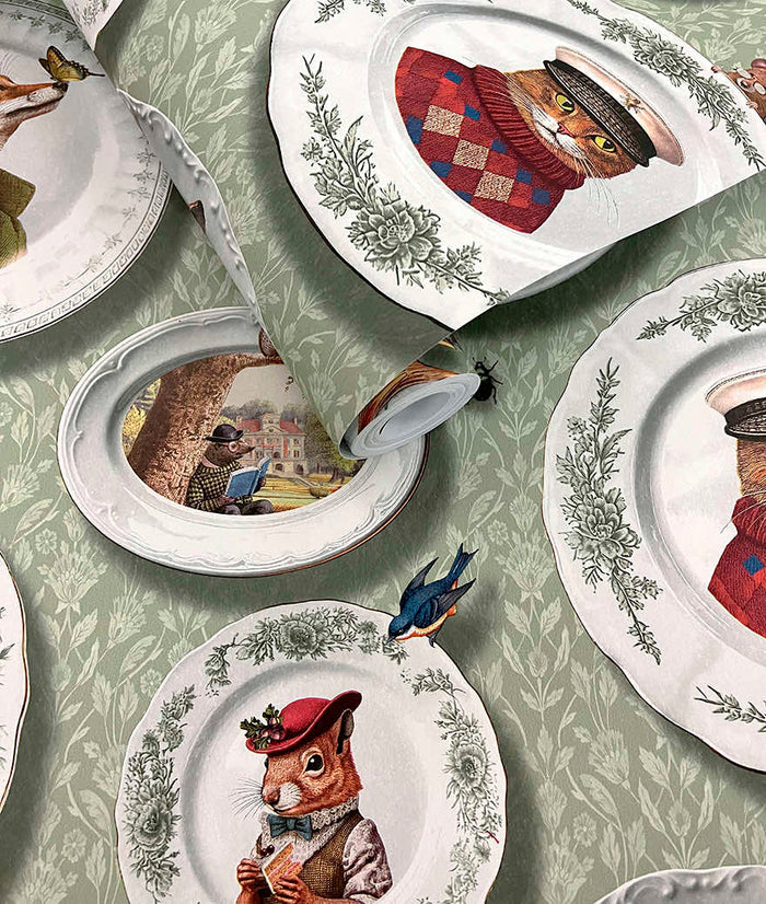 Roll of Tales of the Manor animal plates wallpaper in sage green