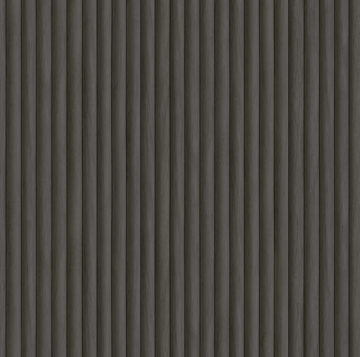 Teak wallpaper in Charcoal, showing a fluted vertical wood-panel texture in dark grey-brown