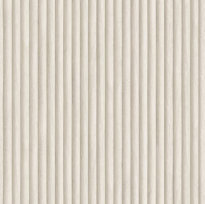 Teak wallpaper in Cream, showing a fluted vertical wood-panel texture in pale cream