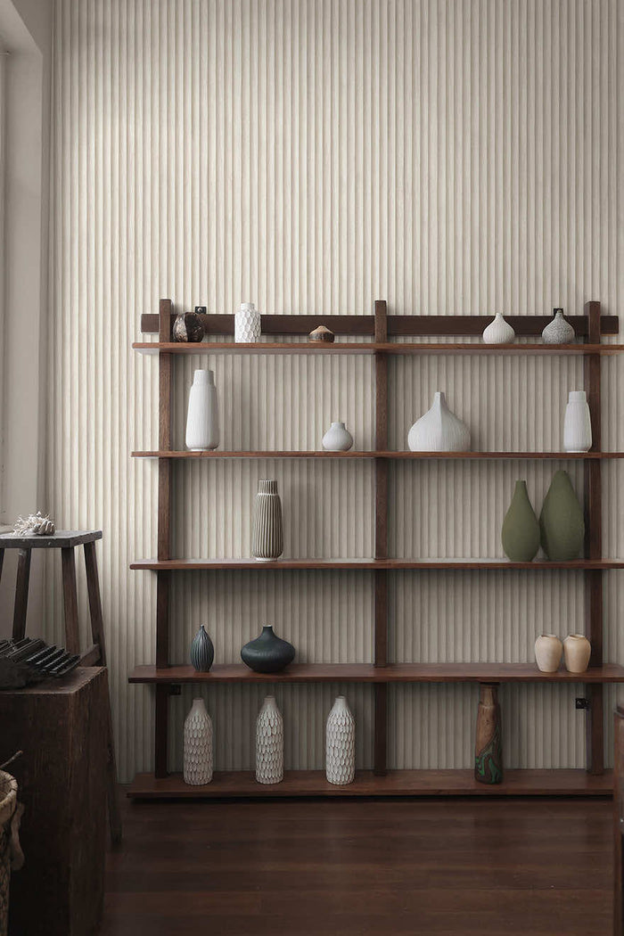 Teak wallpaper in Cream hung on a feature wall