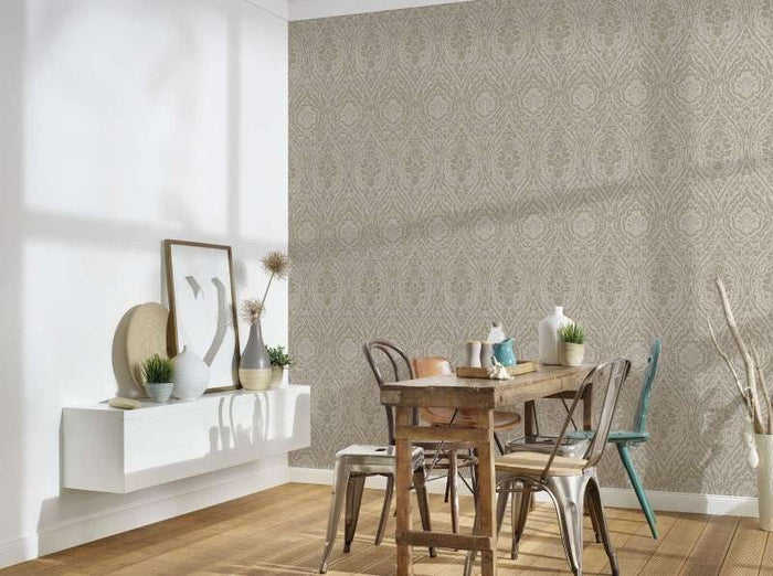 Textured Damask Textured Wallpaper - Beige Brown - Discontinuing