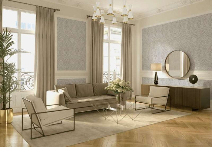 Textured Damask Textured Wallpaper - Grey / Cream - Discontinuing