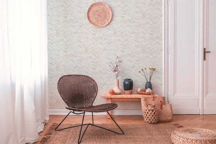Textured Herringbone Vinyl Wallpaper - Beige Cream