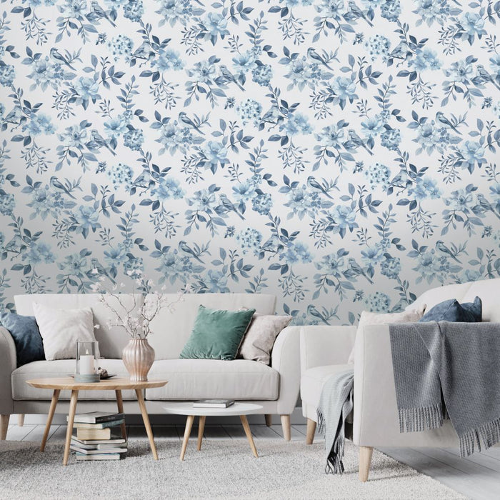 The Bird Garden – Feathered Hideaway Wallpaper – Blue
