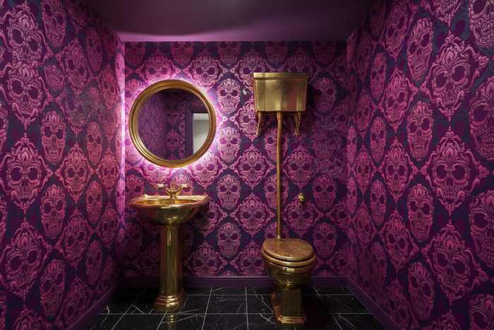 Toilet room with Thick Skulls Wallpaper, vintage gold fixtures, basin and round backlit mirror