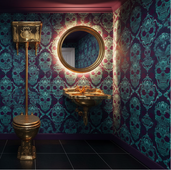 Toilet room with turquoise skull wallpaper, black floor, vintage gold fixtures and purple ceiling
