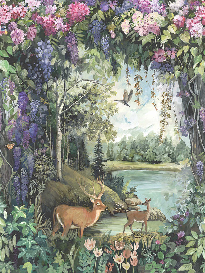 Thistledown woodland glade mural with a stag and doe at a lake, framed by pink hydrangeas and purple wisteria