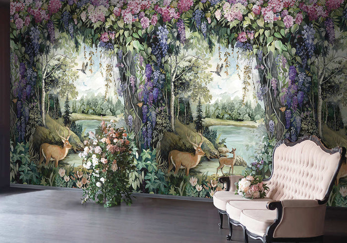 Thistledown woodland mural on a bedroom feature wall