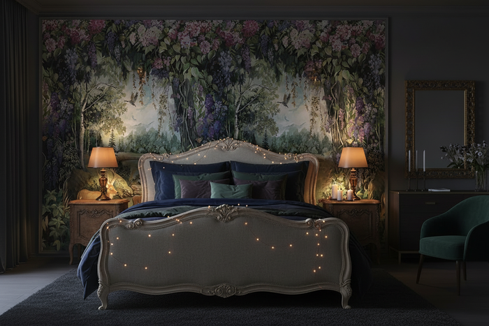 Dark moody bedroom with Thistledown wallpaper, French Provincial bed and ambient lighting