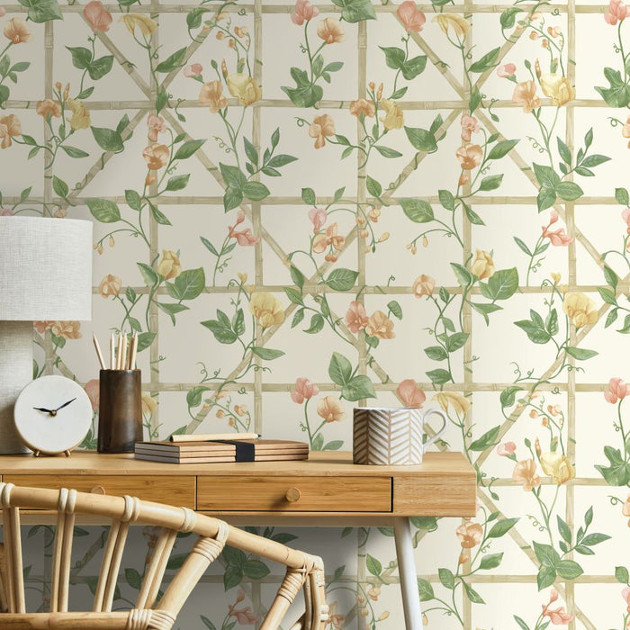 Trailing Floral Trellis – Garden Vine Wallpaper – Orange Cream