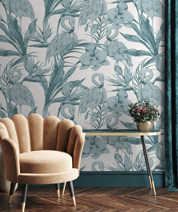 Tropical Shore Flamingo Hybrid Mural - Blue