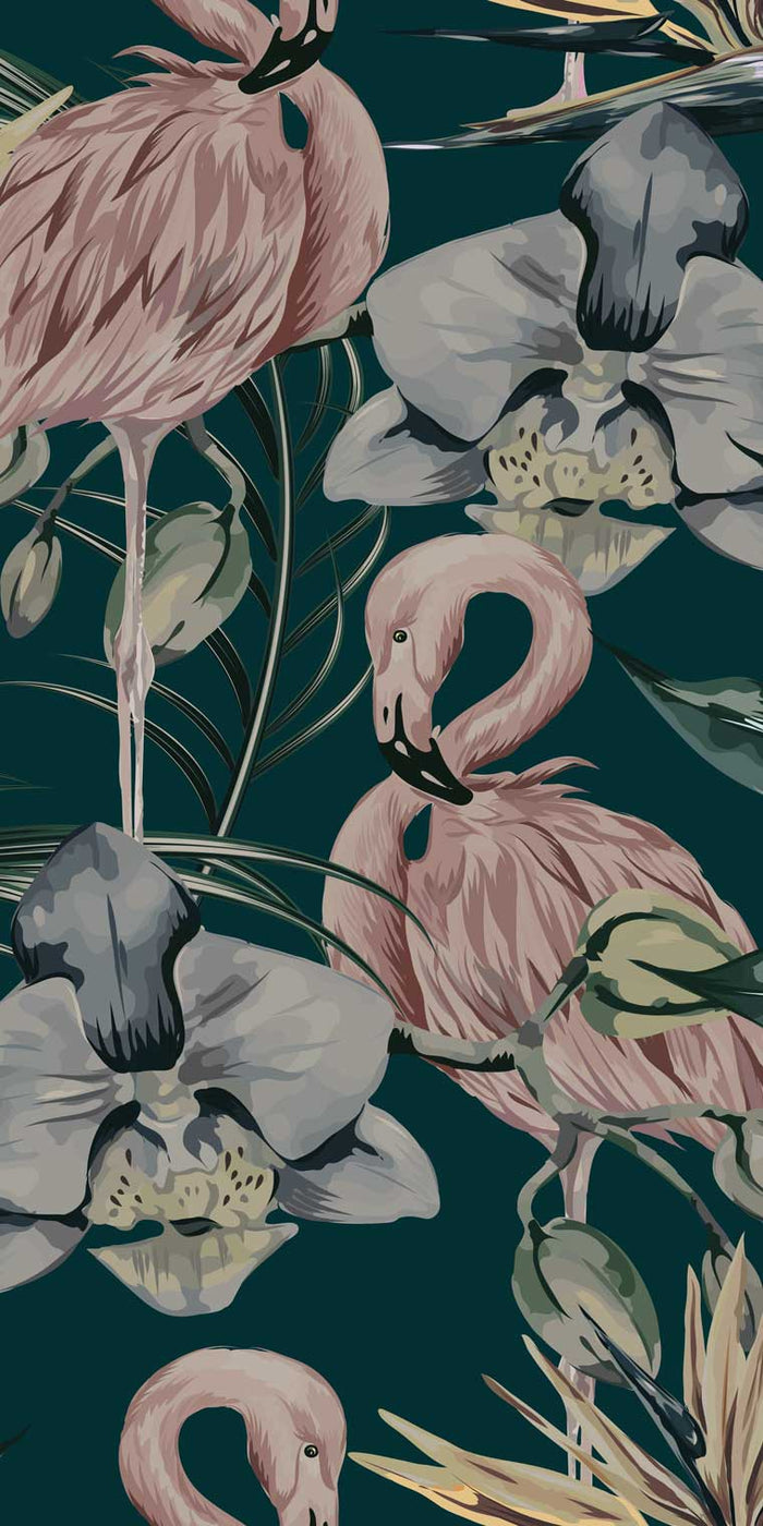 Tropical Shore Flamingo Hybrid Mural - Deep Green
