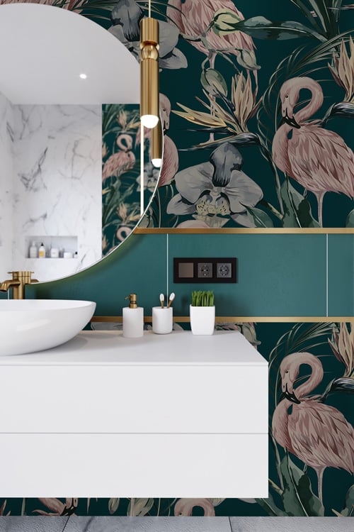 Tropical Shore Flamingo Hybrid Mural - Deep Green