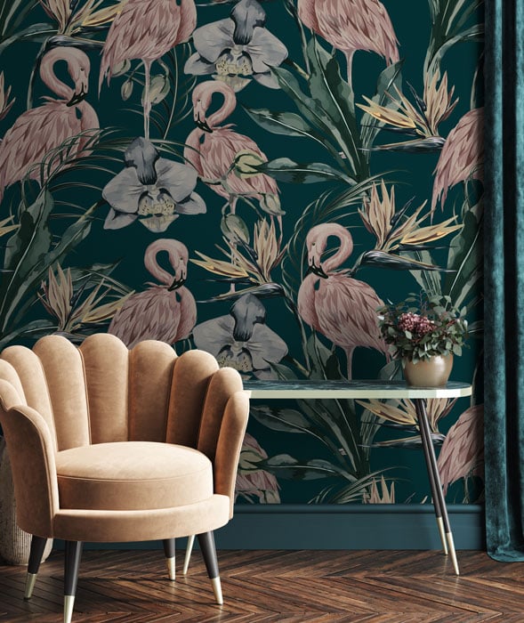 Tropical Shore Flamingo Hybrid Mural - Deep Green