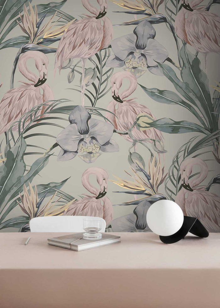 Tropical Shore Flamingo Hybrid Mural - Pastel