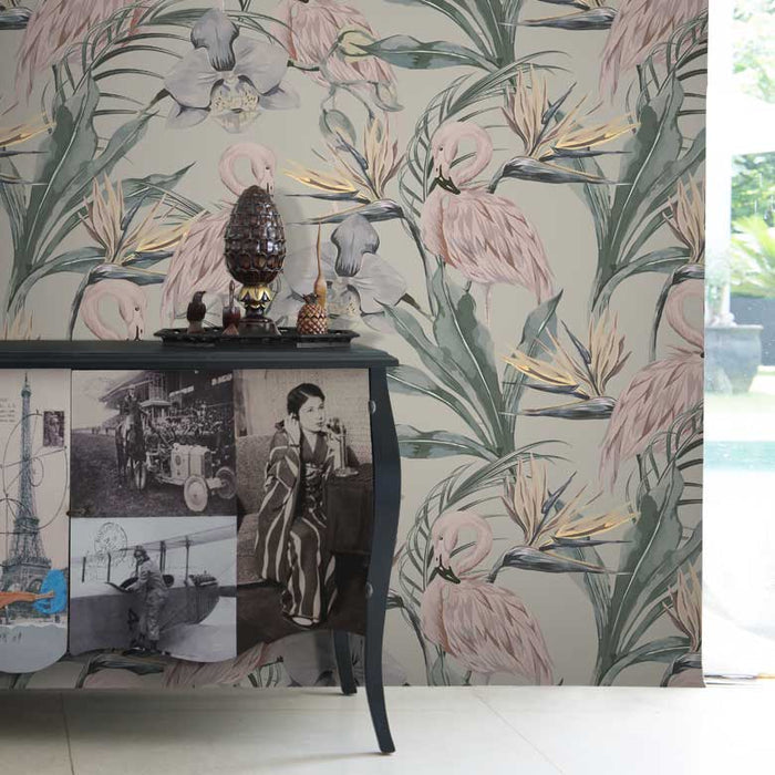 Tropical Shore Flamingo Hybrid Mural - Pastel