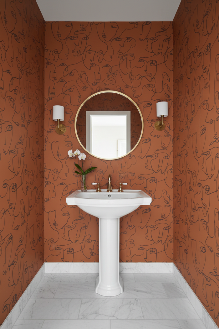 Powder Room - Visages Face Wallpaper Burnt Orange