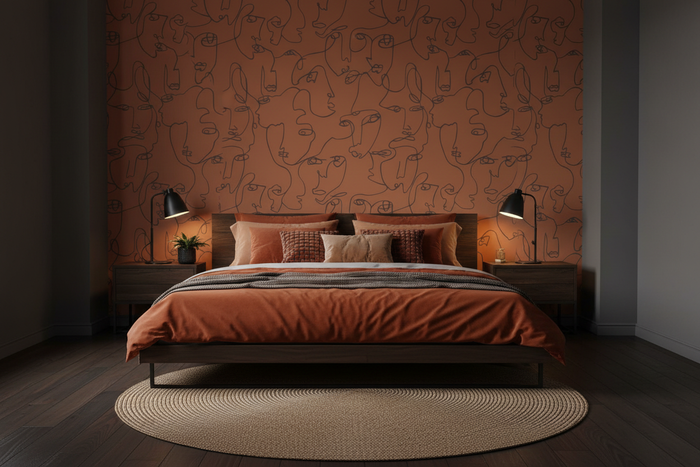 Masculine Bedroom - Visages Face Wallpaper Burnt Orange