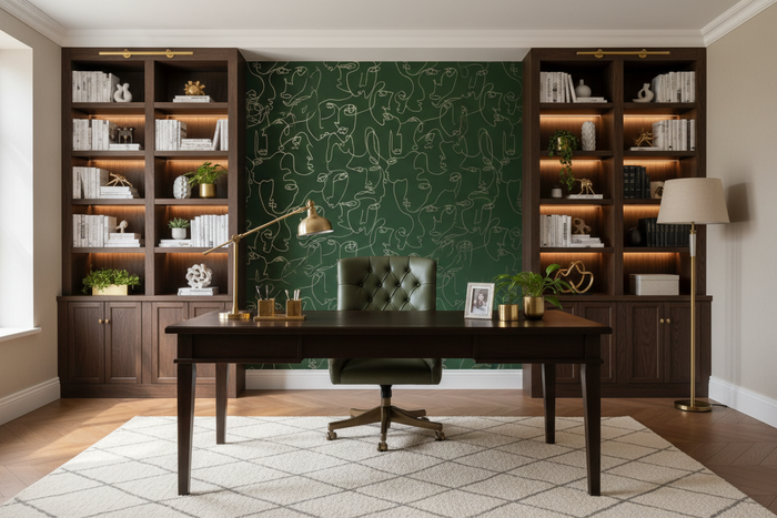 Home Office - Linear Visages Wallpaper Green and Gold