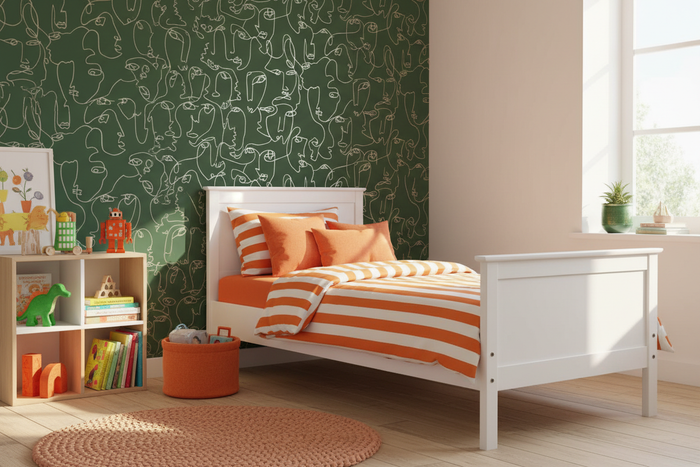 Kids Bedroom - Linear Visages Wallpaper Green and Gold with Orange Accents