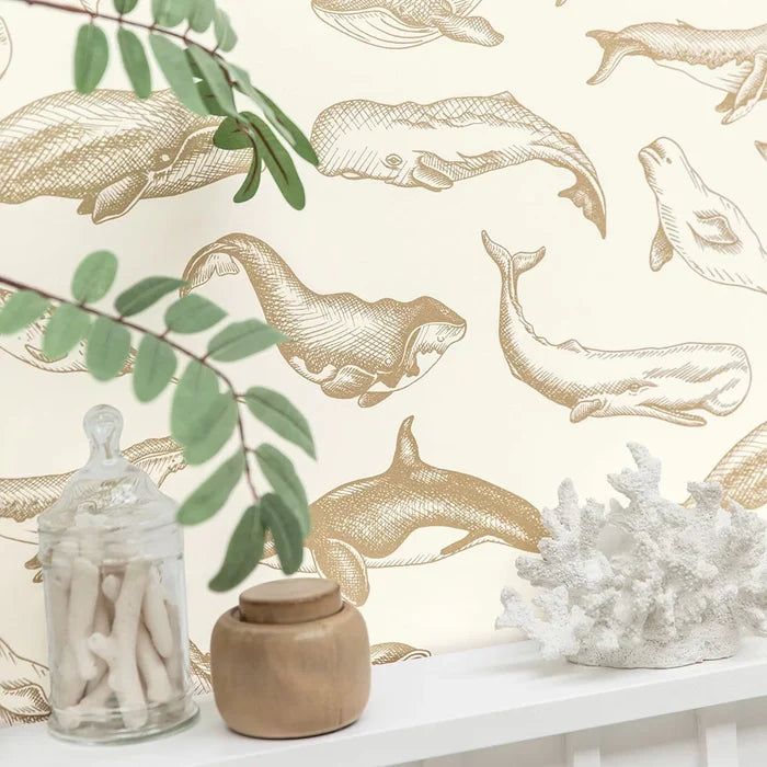 Whale Done Wallpaper - White - Discontinuing