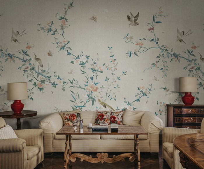 Whispering Blooms - Custom Sized Wallpaper Mural (per m2) - Grey