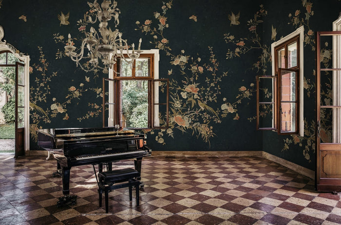 Whispering Blooms - Custom Sized Wallpaper Mural (per m2) - Midnight Blue