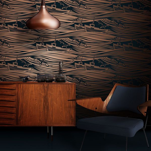Whitby Boat Wallpaper - Midnight & Copper