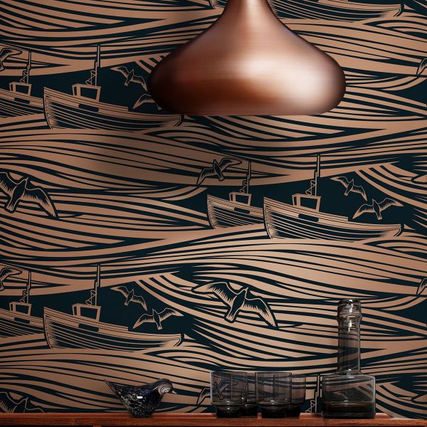Whitby Boat Wallpaper - Midnight & Copper